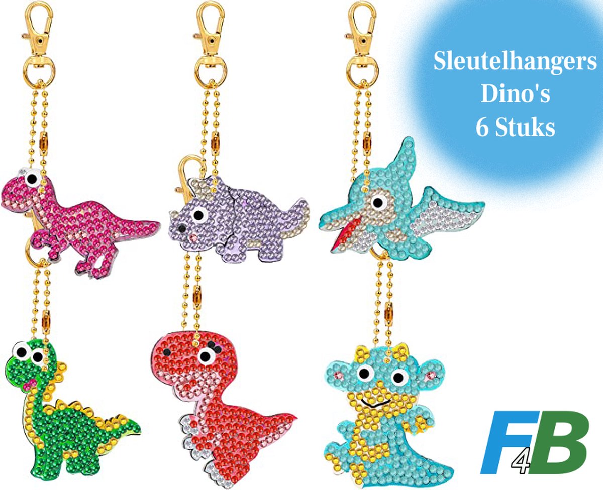 F4B Dino Sleutelhanger Diamond Painting | Dubbelzijdig | 6 Stuks | T-Rex | Kinderen | Pakket Volledig